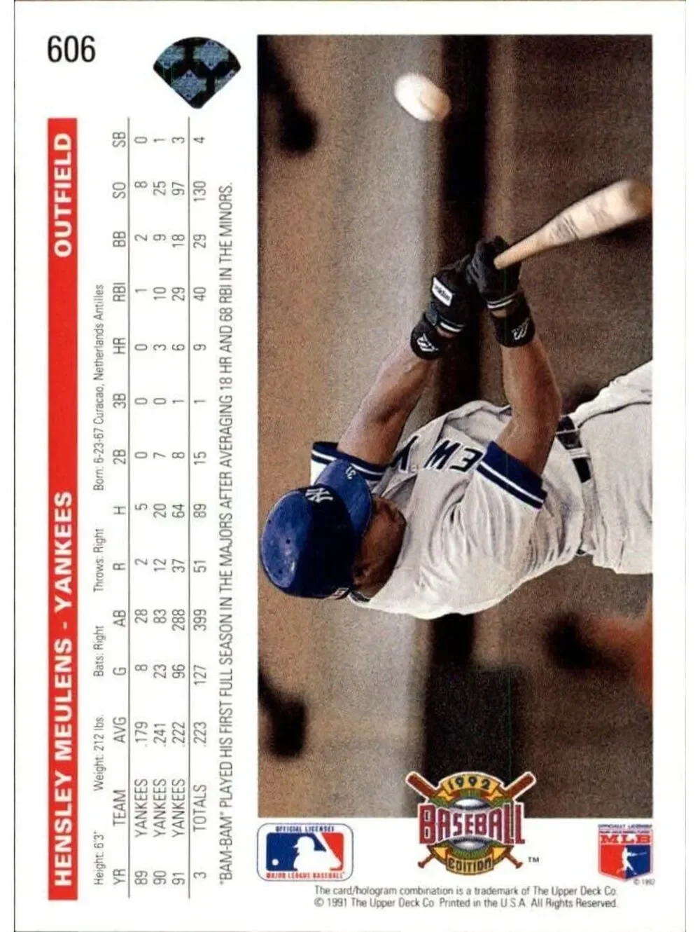 Hensley Meulens 1992 Upper Deck MLB #606 Baseball Card New York Yankees