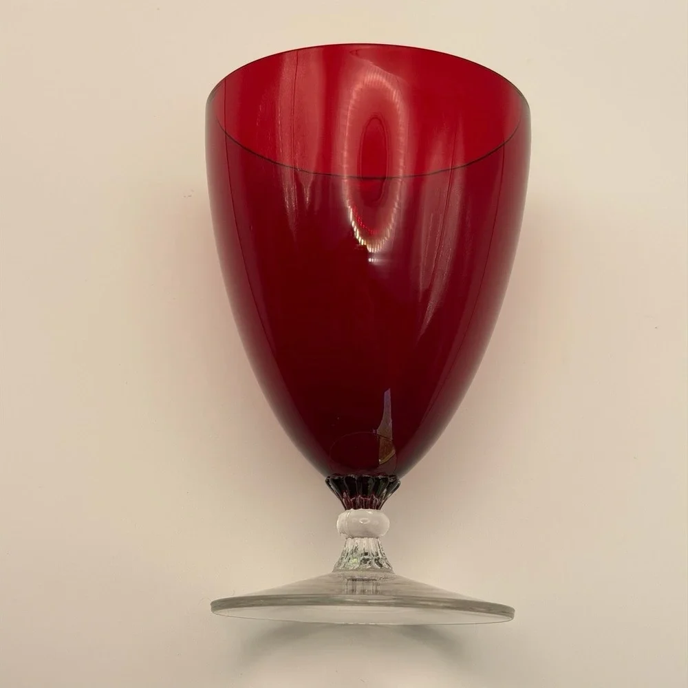 Vintage Cranberry‎ Red Glass Goblets Set 4 Clear Stem Water Wine Glasses 5.25