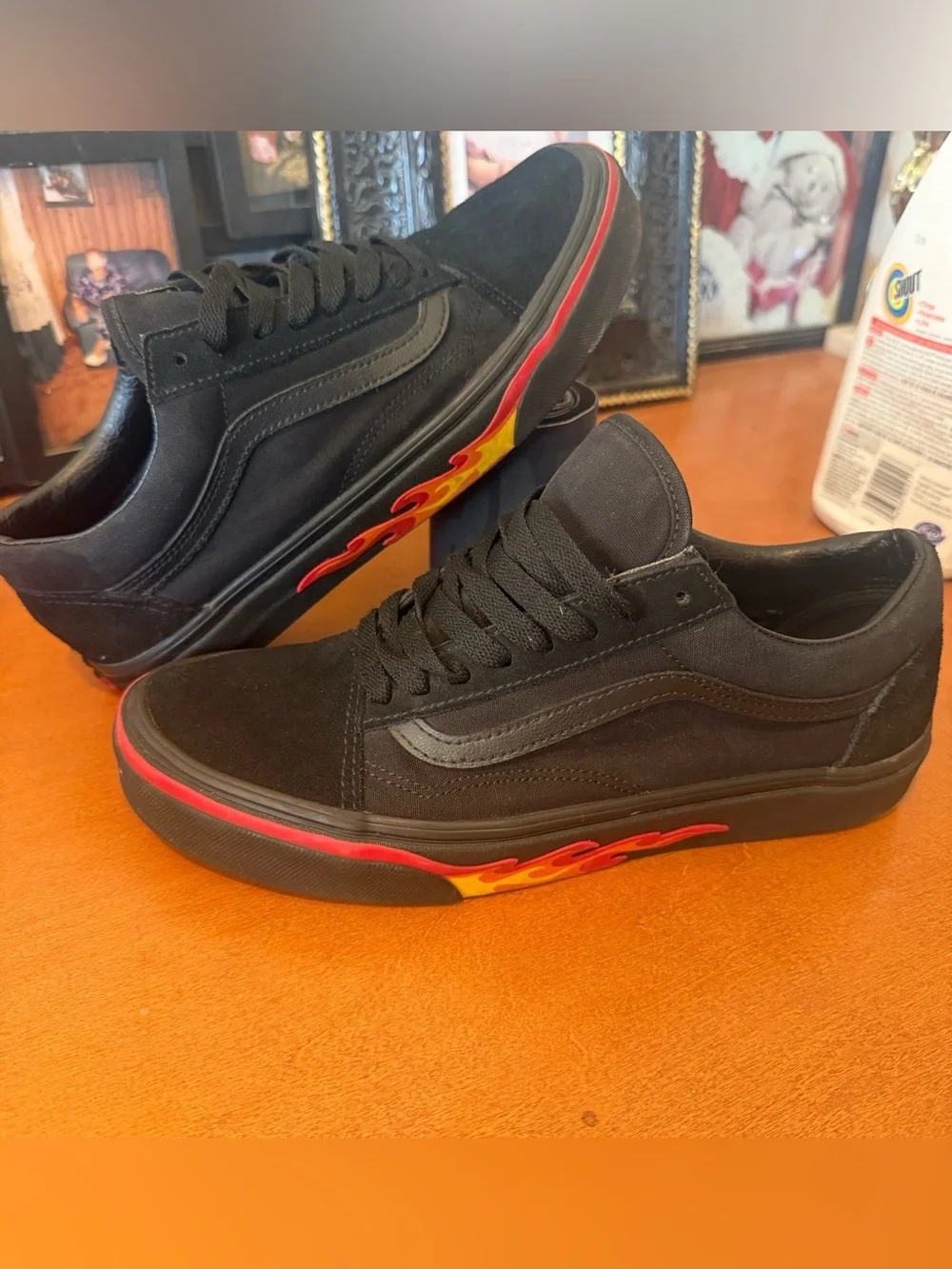 Vans Black Low-Top Sneakers with Red and Yellow Flame Detail