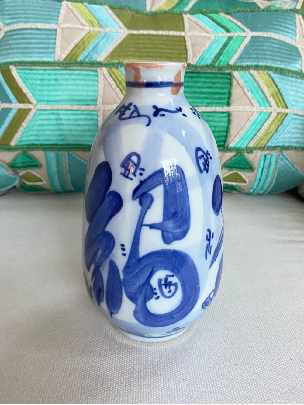 VTG Japanese Flow Blue White Wine Bottle Vase Hand painted 7”
