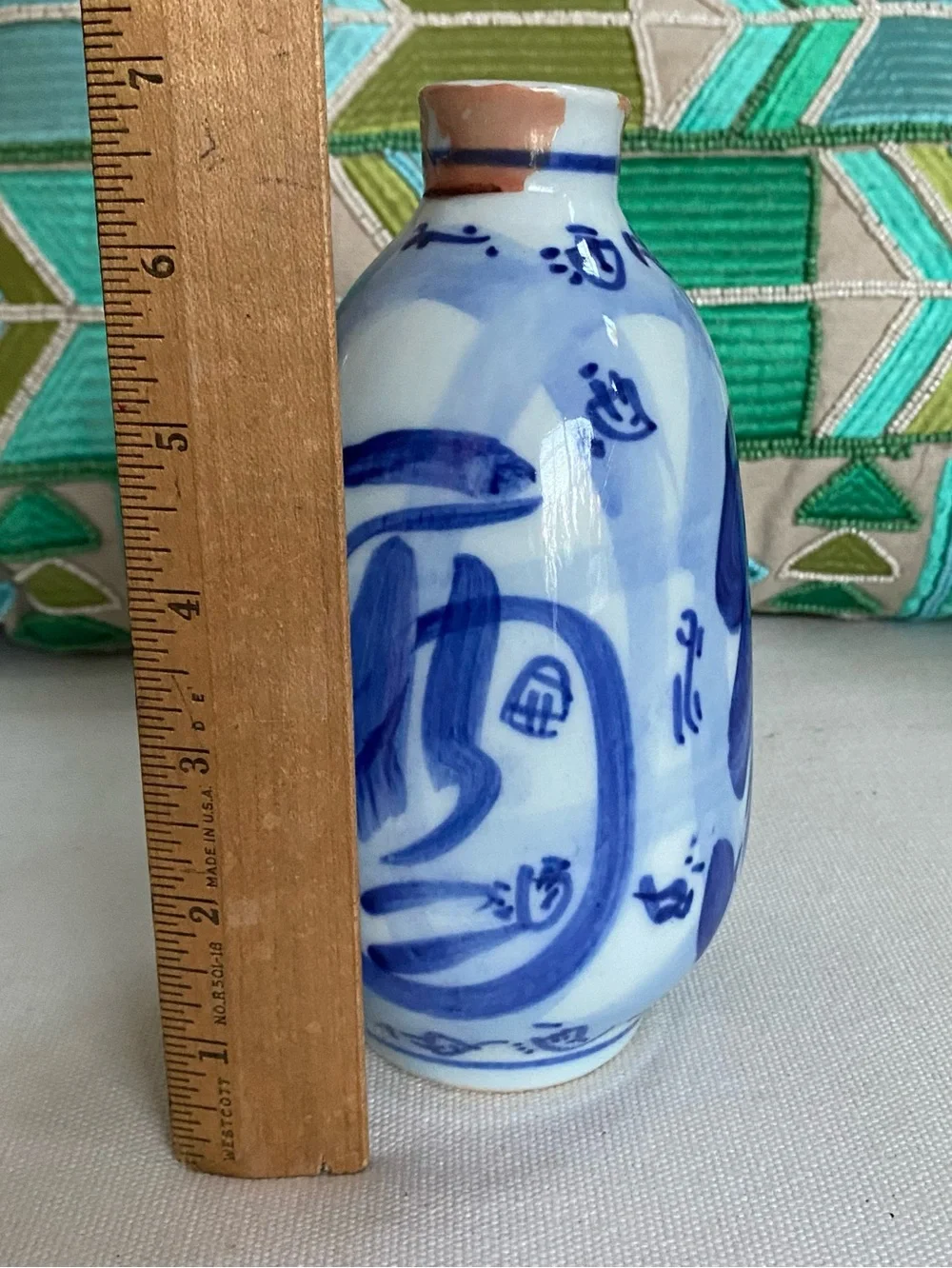 VTG Japanese Flow Blue White Wine Bottle Vase Hand painted 7”