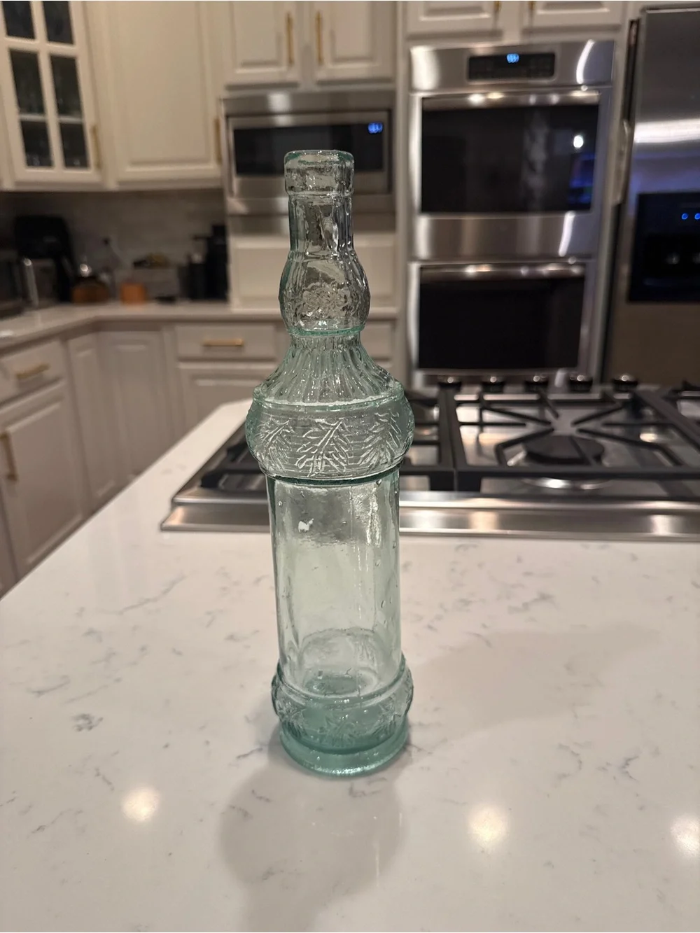 Vintage Spanish Recycled Glass Bottle Vase Aqua Green Embossed Pinecone