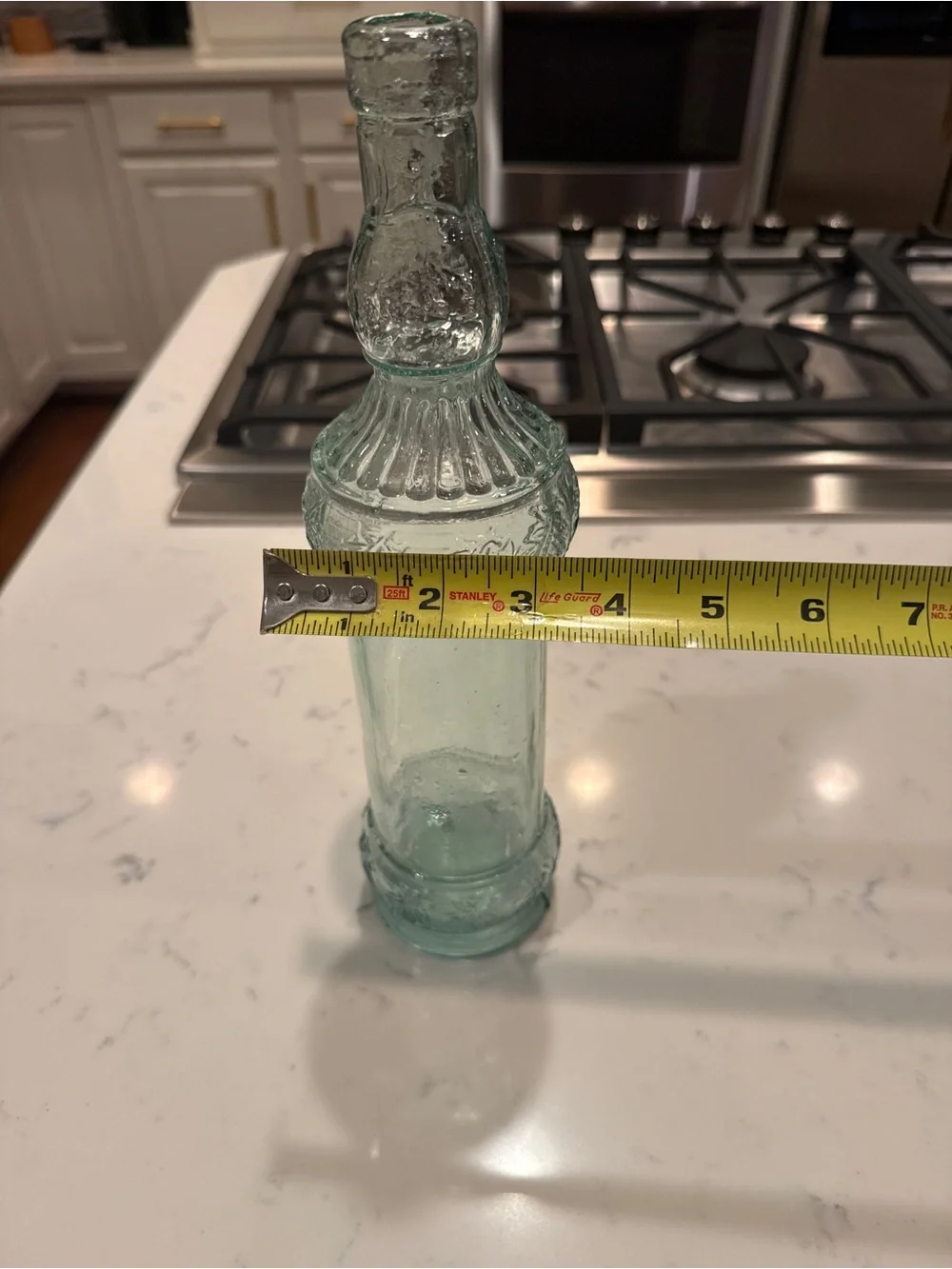 Vintage Spanish Recycled Glass Bottle Vase Aqua Green Embossed Pinecone