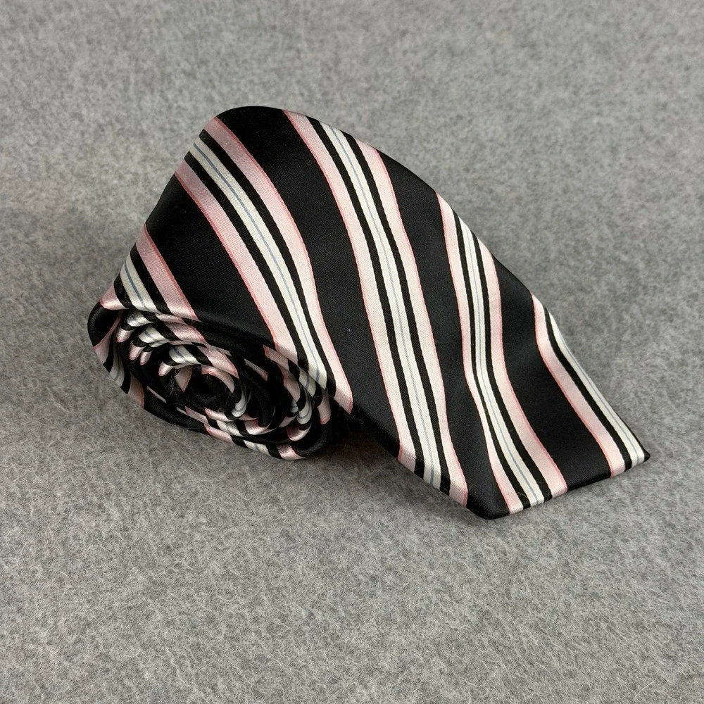 Croft & Barrow Black Pink White Blue Stripe Neck Tie 100% Polyester 60x3.25