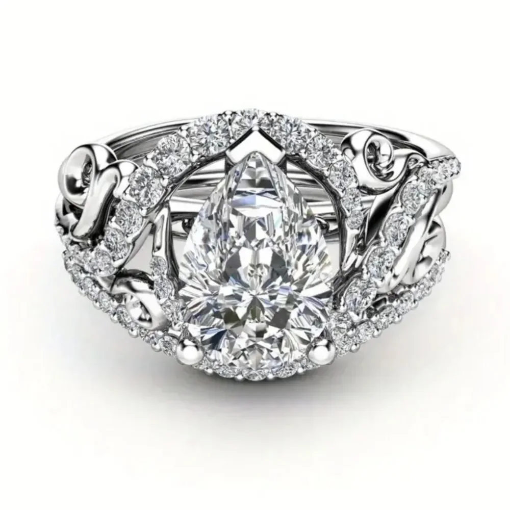 Elegant Halo pear cut white diamond wedding ring set sz 9