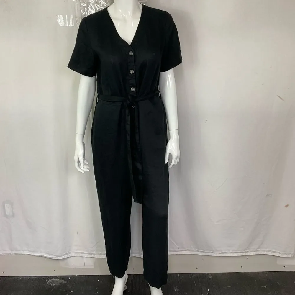 Everlane Women's Black Linen Short Sleeve Cropped Straight Leg Jumpsuit Size 6