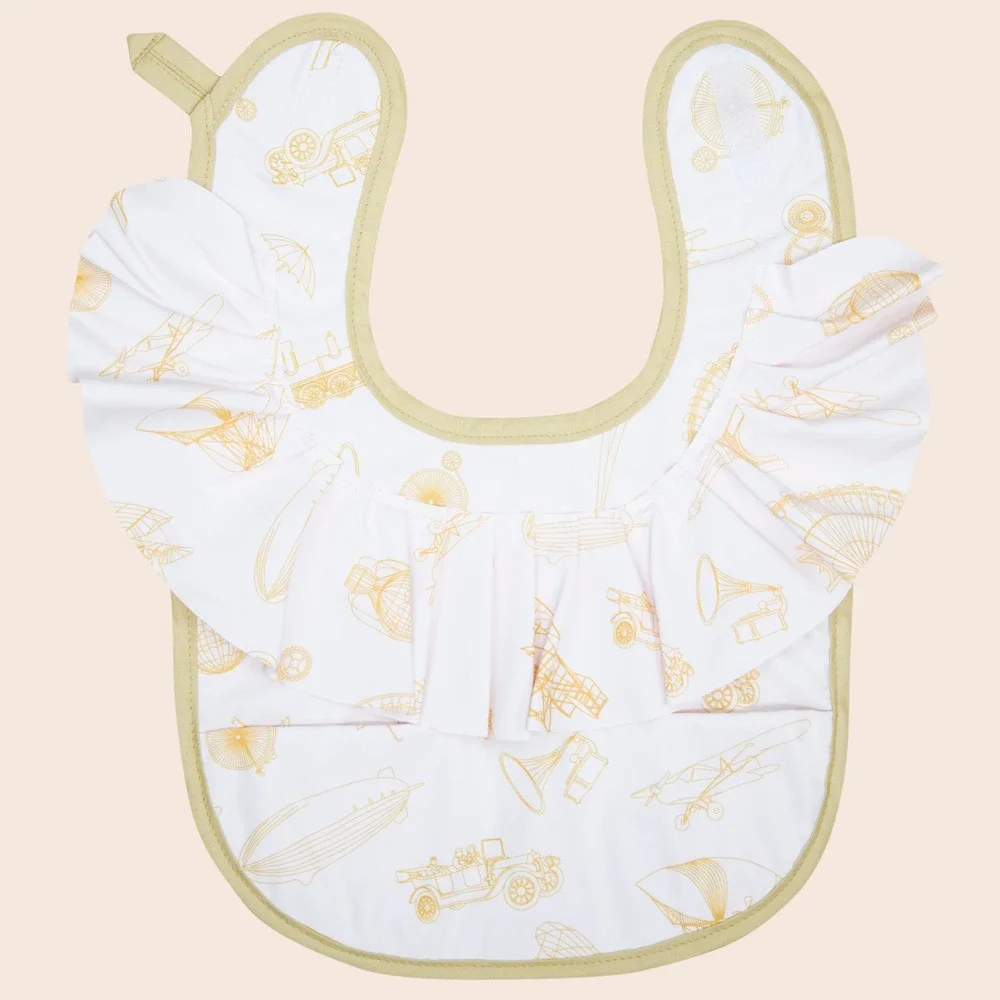 Vintage Transport Print Ruffled Baby Bib Waterproof Crumb Catcher Yellow White
