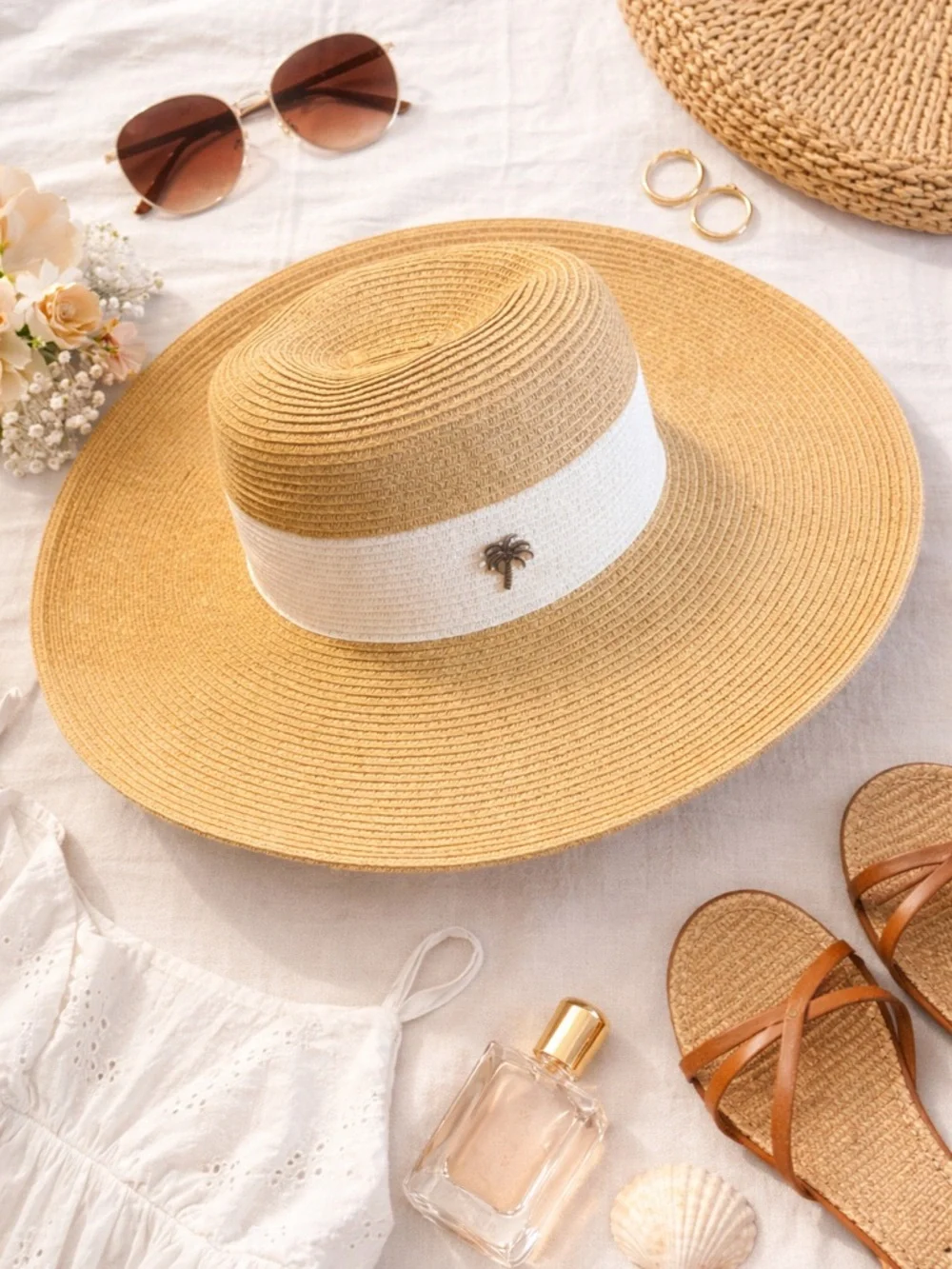 Straw Wide Brim Panama Hat Neutral Tan w/ Cream Band Bee Detail Boho‎ Beach Sun
