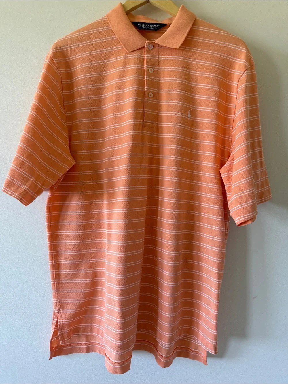 Ralph Lauren Polo Golf Orange Striped Polo with White Pony Logo Size Large‎