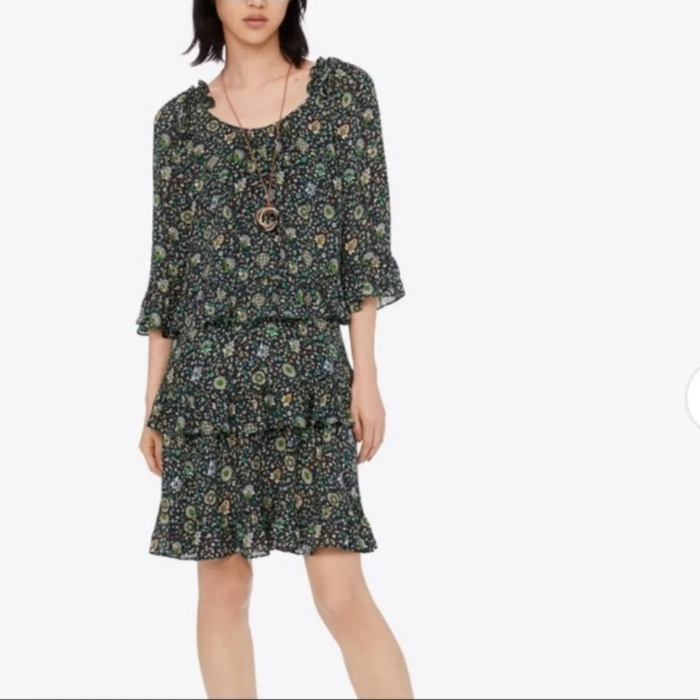 Tory Burch 100% Silk Printed Ruffle Dress Green Floral Size 2 Boho
