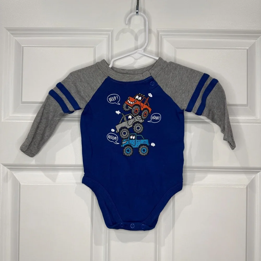 Garanimals Toddler Boys Size 3-6 Months‎ Blue Monster Truck Long Sleeve Bodysuit