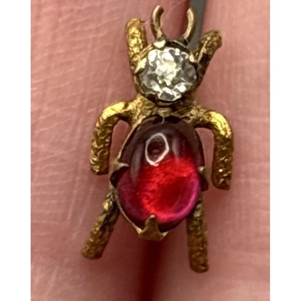 Vintage Victorian Tiny Beetle Bug Lapel Tie Tack Pin Red Cabochon Crystal