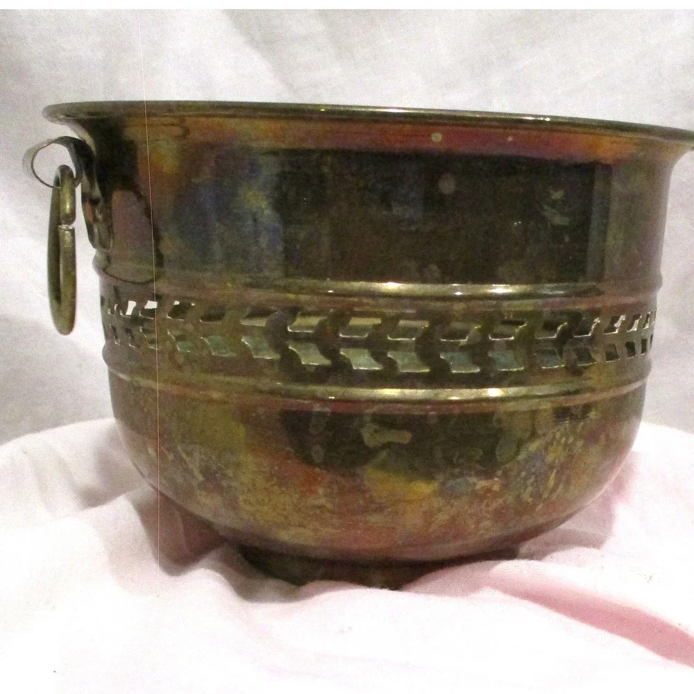 Brass‎ Bowl, ring handles made in India planter midcentury centerpiece catchall