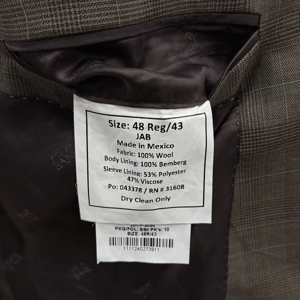 Jos. A. Bank Reserve 48R - W43 x L30 Brown Glen Check  Wool 2-Piece Suit