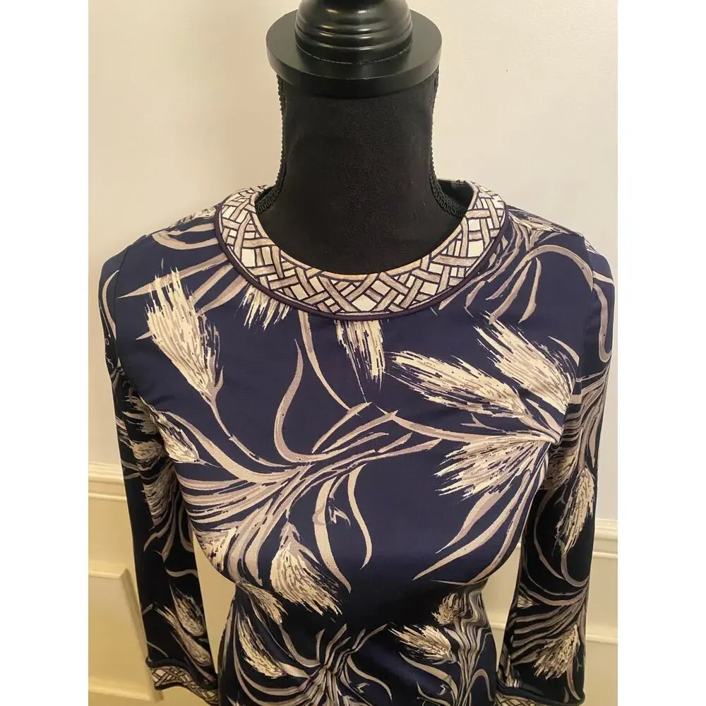 Tory Burch 100% Silk Long Sleeve Feather Boarder Collar Knee Length Dress