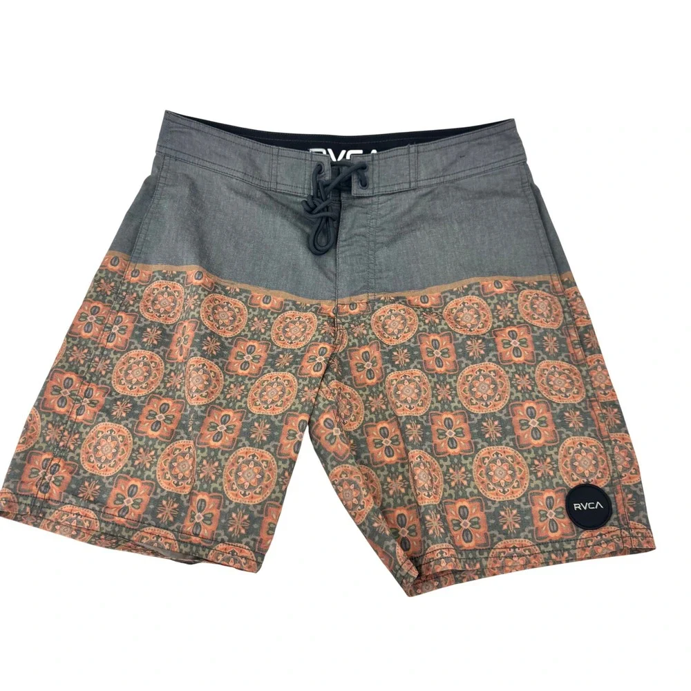 RVCA Men's Board Shorts Size 28 Gray Orange‎ Pattern Swim Trunks