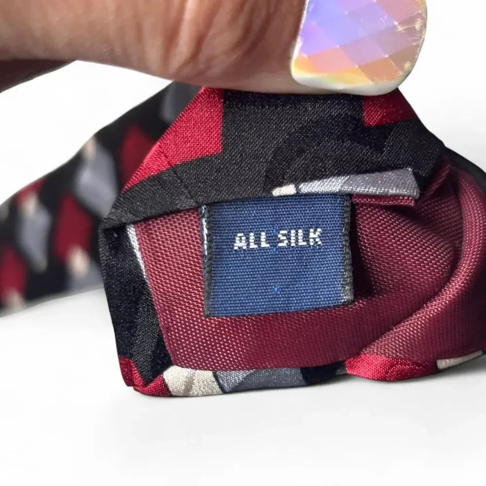 J.T. Beckett Vintage Abstract Geometric Silk Necktie Black Red Grey 90s Art Deco