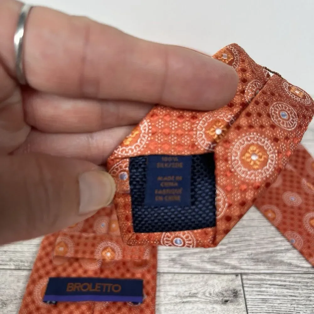 Broletto Mens 100% Silk Necktie Orange/White/Blue Geometric Circle Formal EUC
