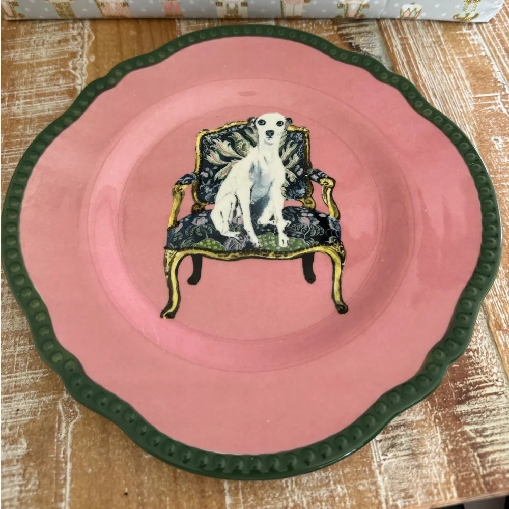 Anthropologie Pink & Green Dog Motif Dinnerware Plate
