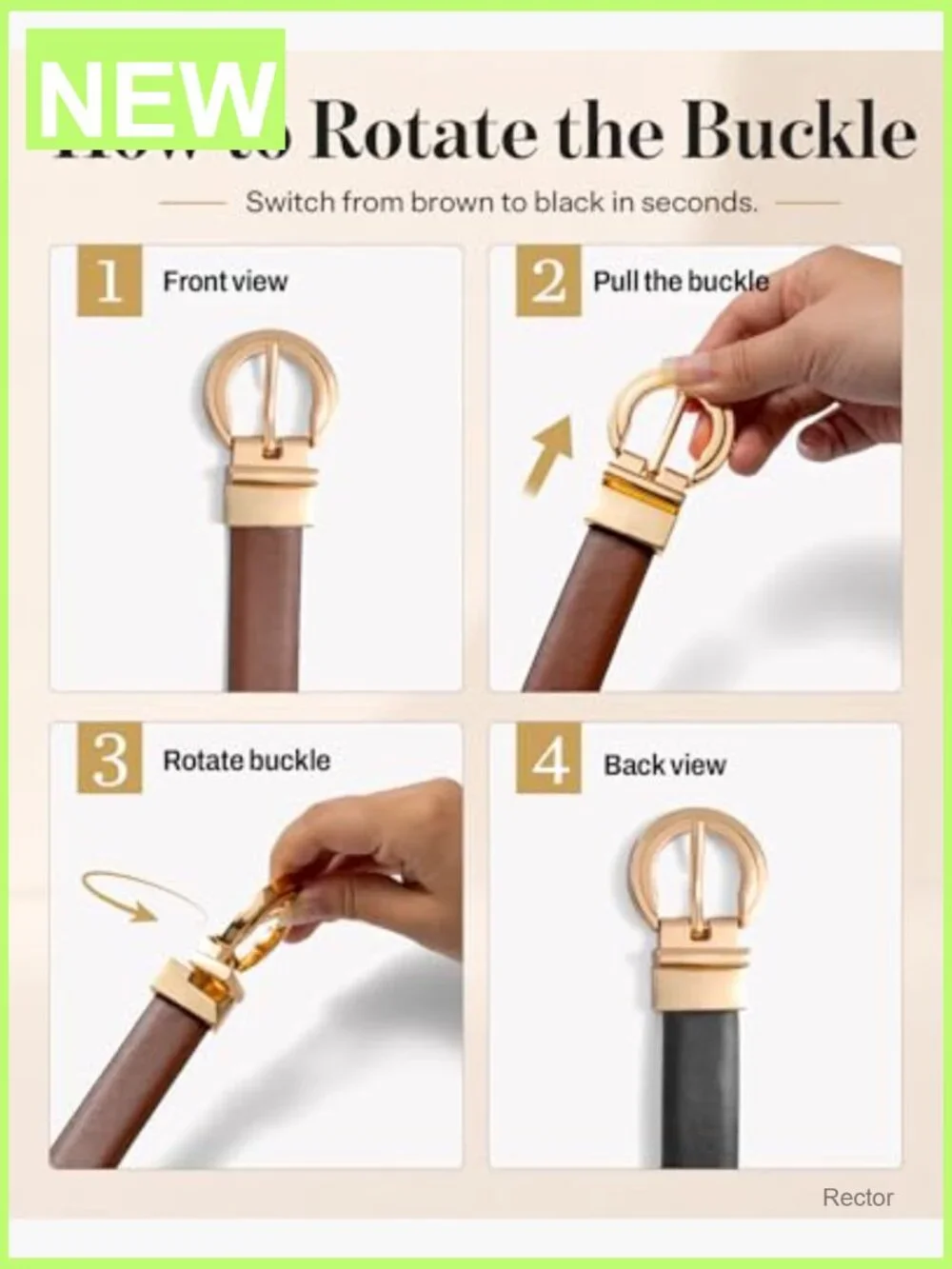 Reversible Faux Leather Belt with Rotating Gold Buckle
