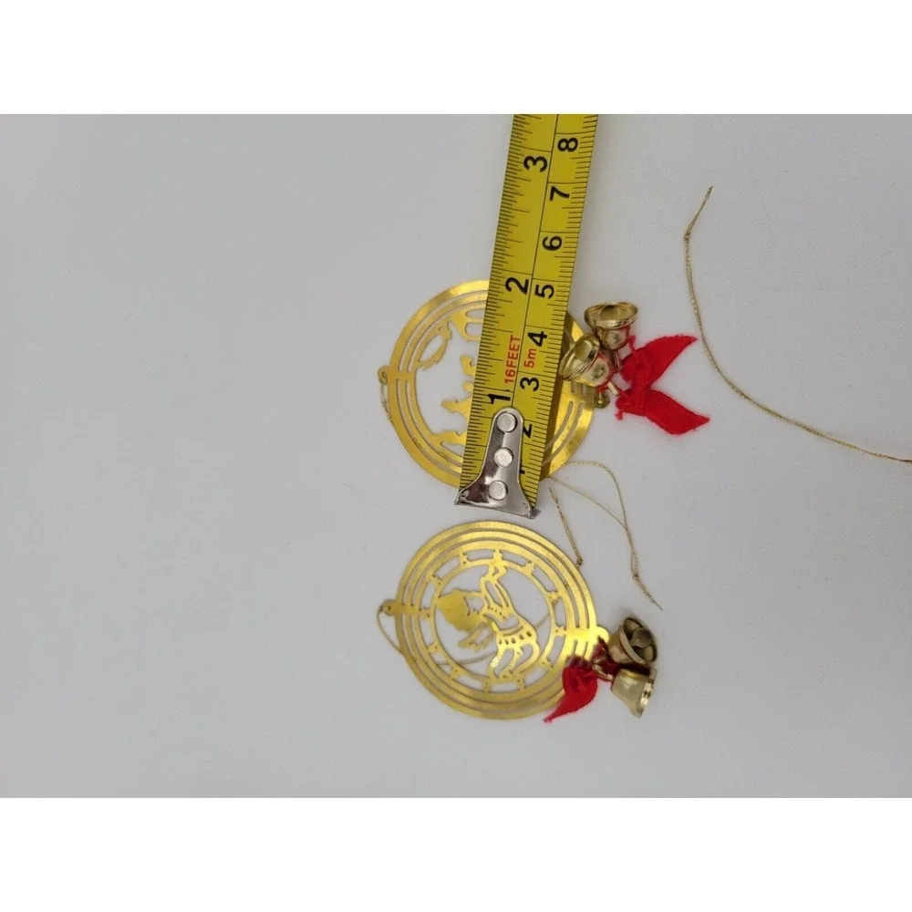 Lot of 3 Vintage Gold Tone Flat Metal‎ Christmas Ornaments With Bells