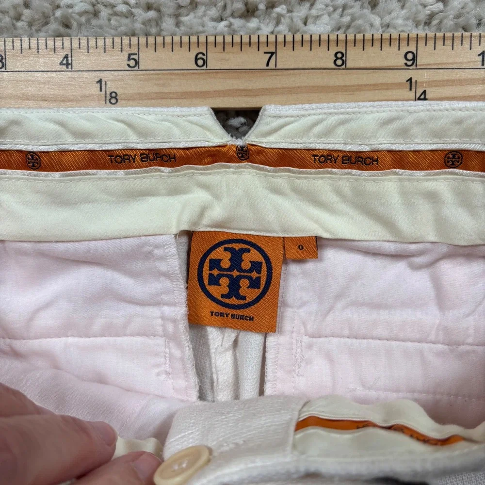 Tory Burch Womens White‎ Textured Cotton Grosgrain Trim Ankle Pants Size 0