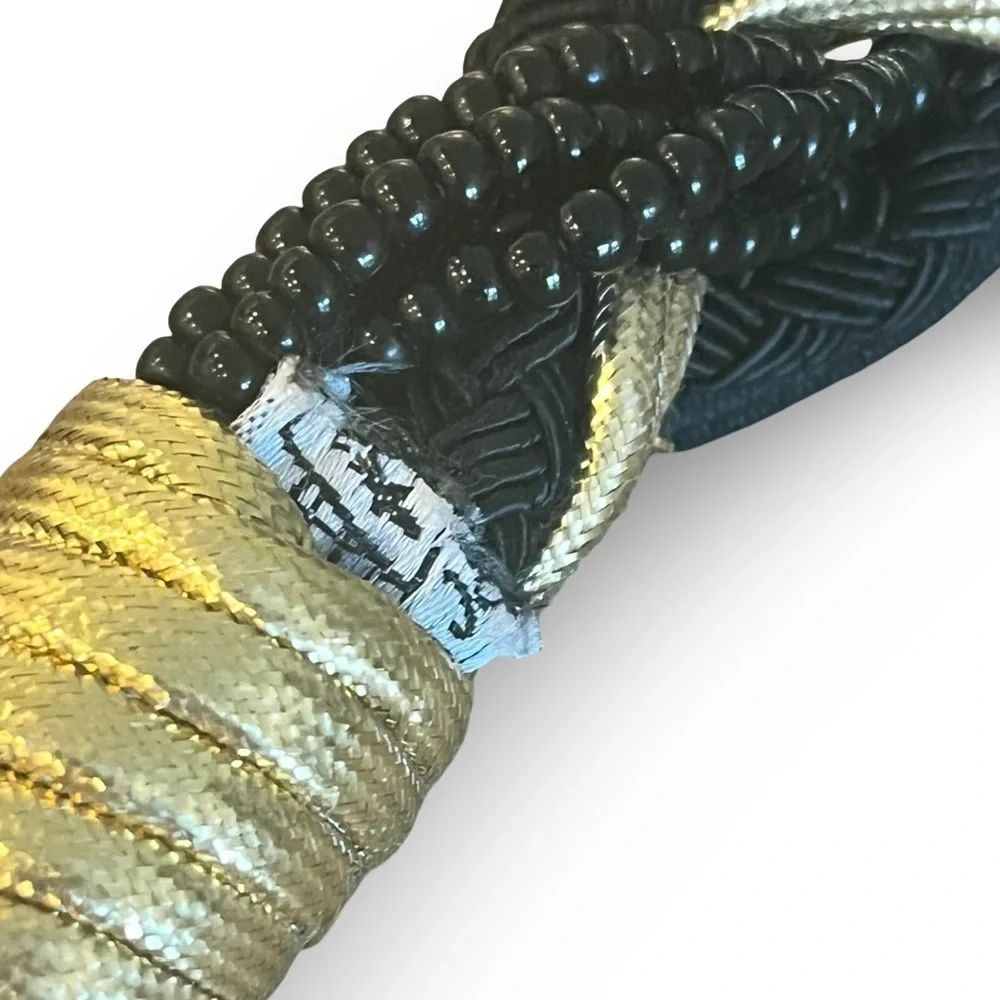 Vintage 70s Black Gold Braided Bead, Lamè Cord Belt with Brass Cinch Buckle 31”