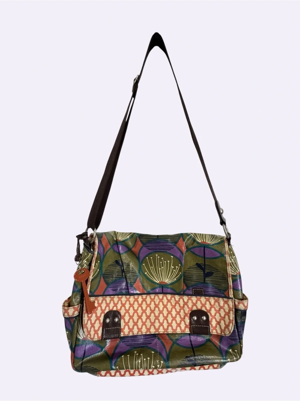 Fossil Floral Coated Canvas Messenger Bag Boho Retro Print Shoulder Purse