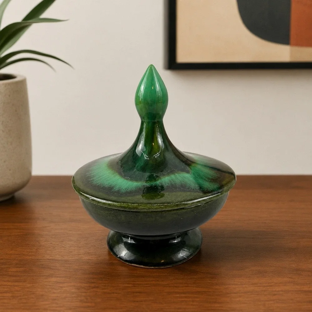 DeForest of California Green Drip Glaze Covered Pedestal Candy Dish w Lid