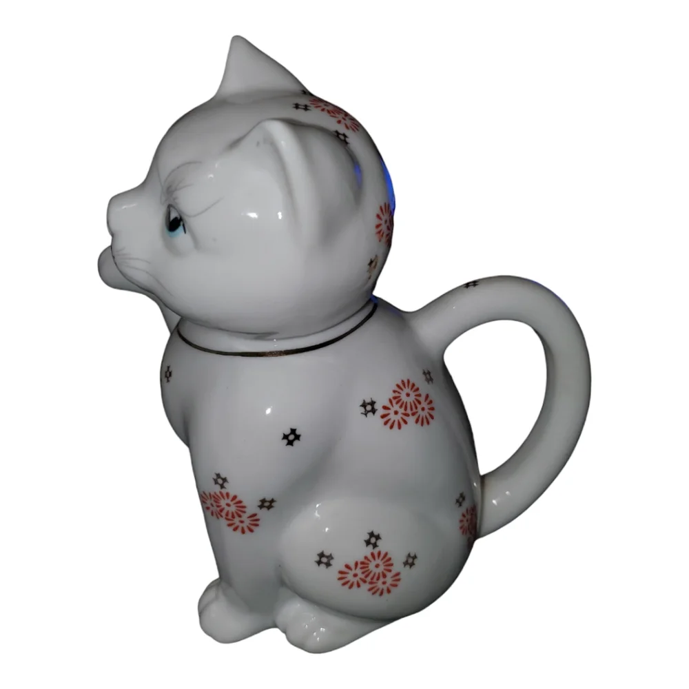 Vintage White Ceramic Kitty Cat Single Serve Tea Pot or Creamer Red Flow…