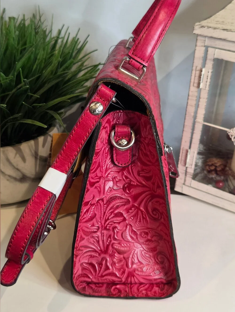 Patricia Nash Chauny Satchel in Magenta Tooled Leather