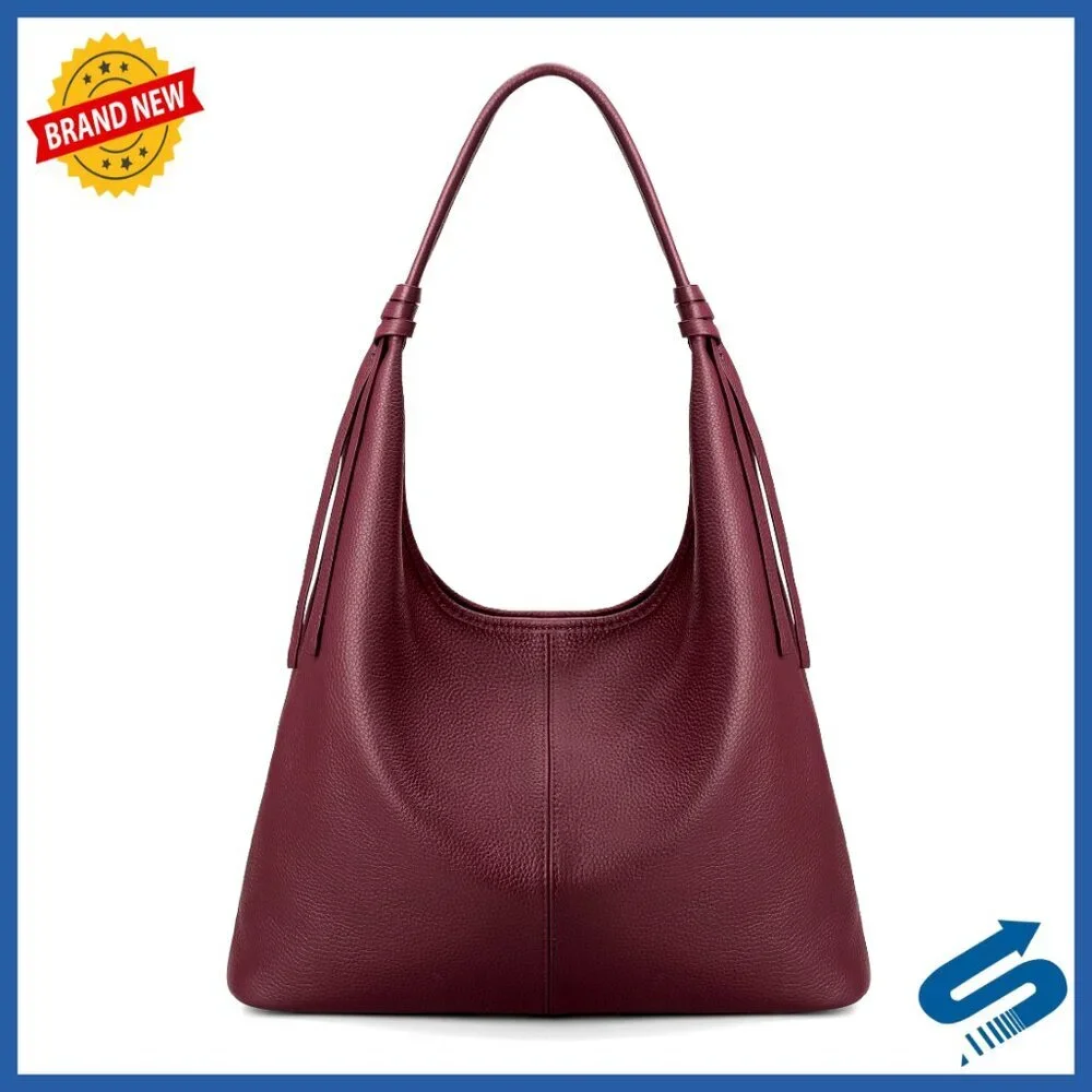 Genuine Leather Slouchy Hobo Tote Shoulder Bag with Tassel Ribbon Elegant