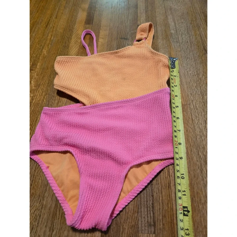 Wonder Nation Girls S 6-6X Orange Pink Colorblock One Shoulder Cutout Swimsuit