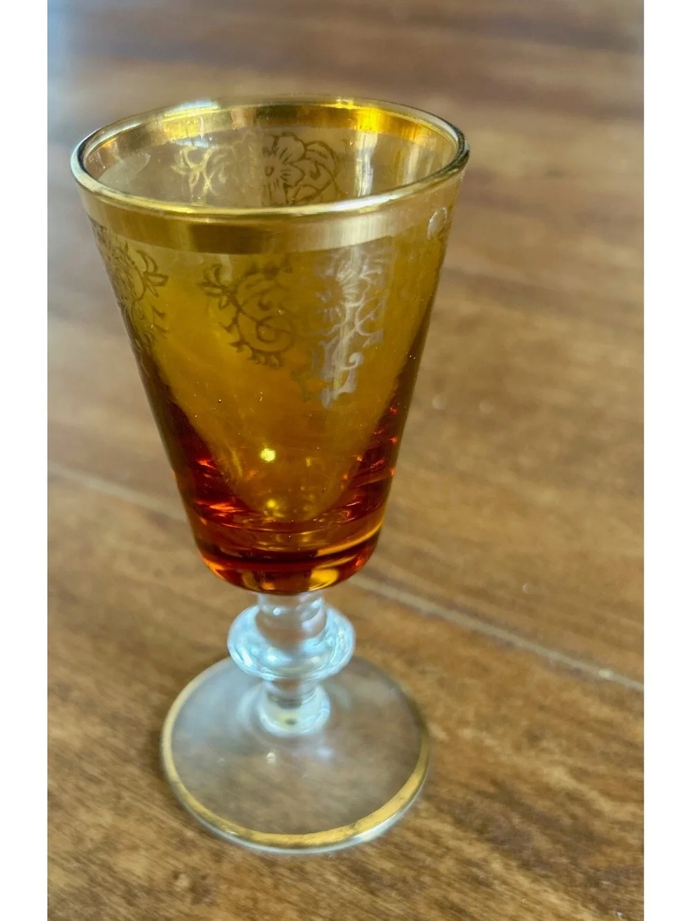 Set of 4 Vintage Amber Etched Glass Cordial Glasses