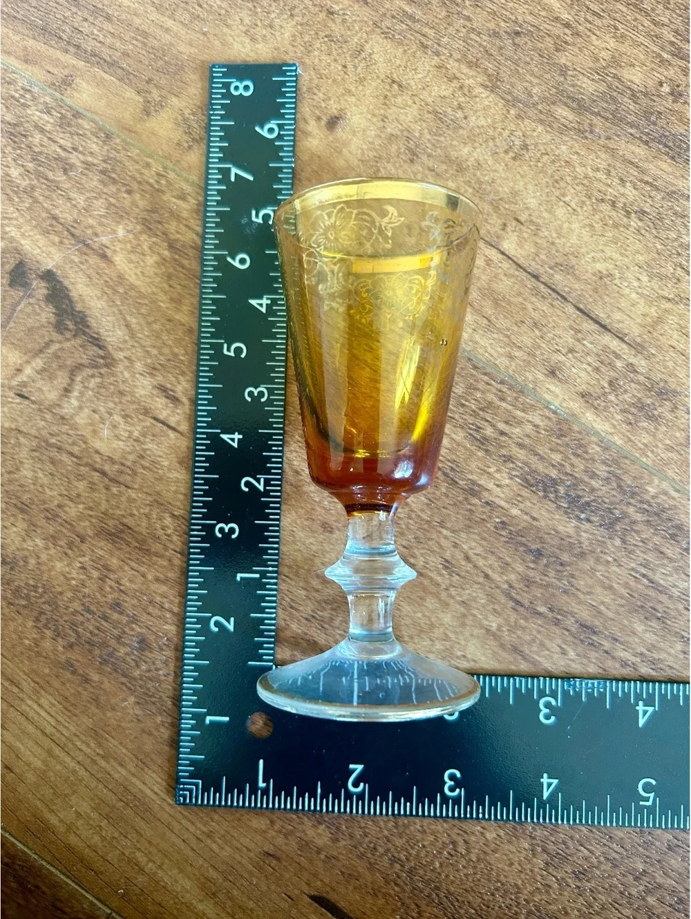 Set of 4 Vintage Amber Etched Glass Cordial Glasses