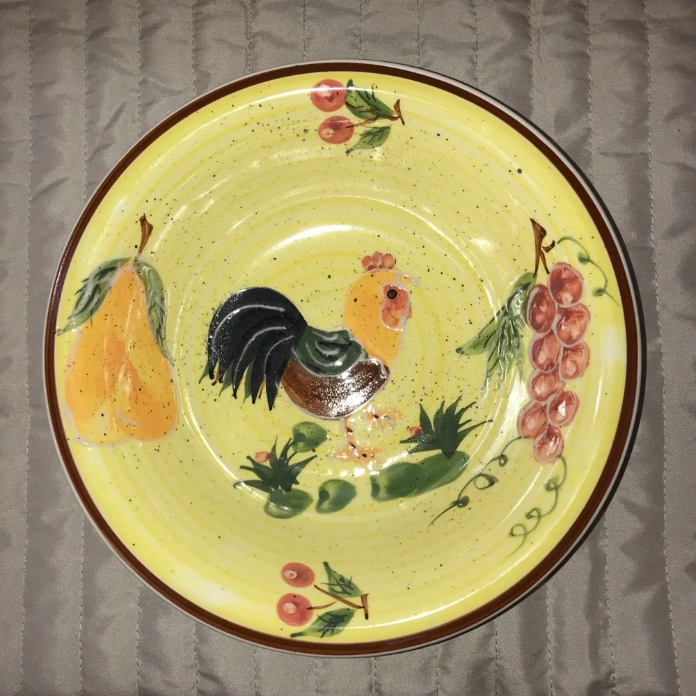 Hand Painted Tuscan Rooster Serving Bowl Chicken Farmhouse Decor 8.5” Yellow