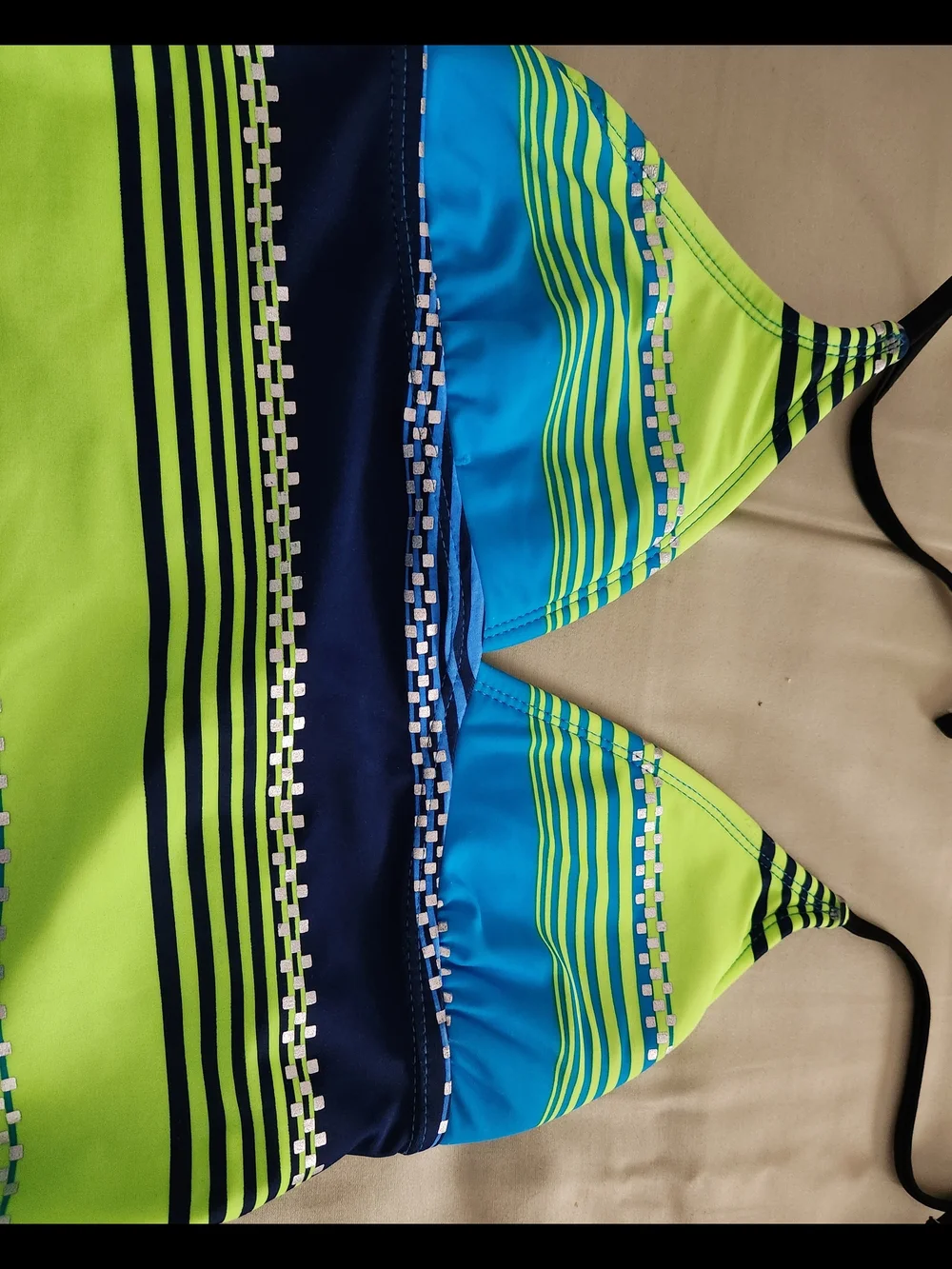 Girls/Teen/Womens Neon Green and Blue Striped Tankini One-Piece Swim Set