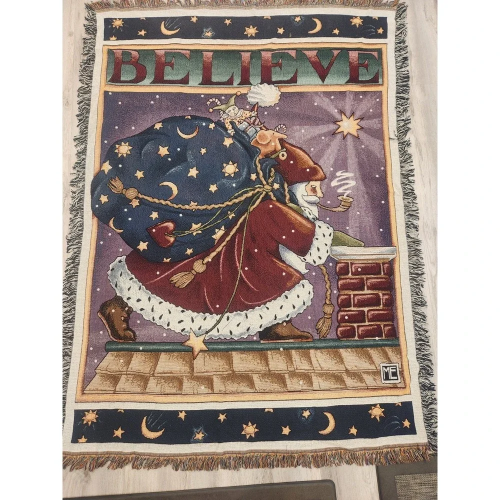 VTG. Mary Engelbreit  BELIEVE Christmas Throw BlanketTapestry 46x76 USA Made EUC