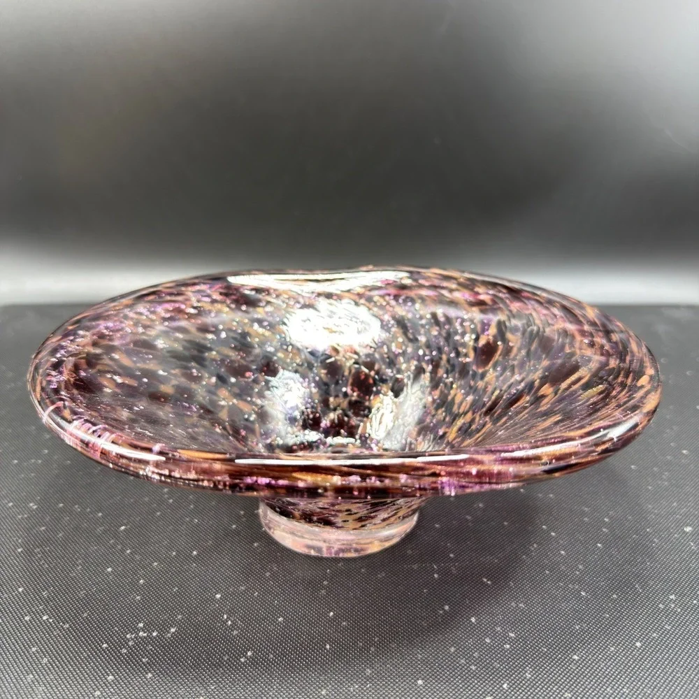 Julia Knight Hand Blown Italy Art Glass Bowl Dish Purple Amber‎ Silver Confetti