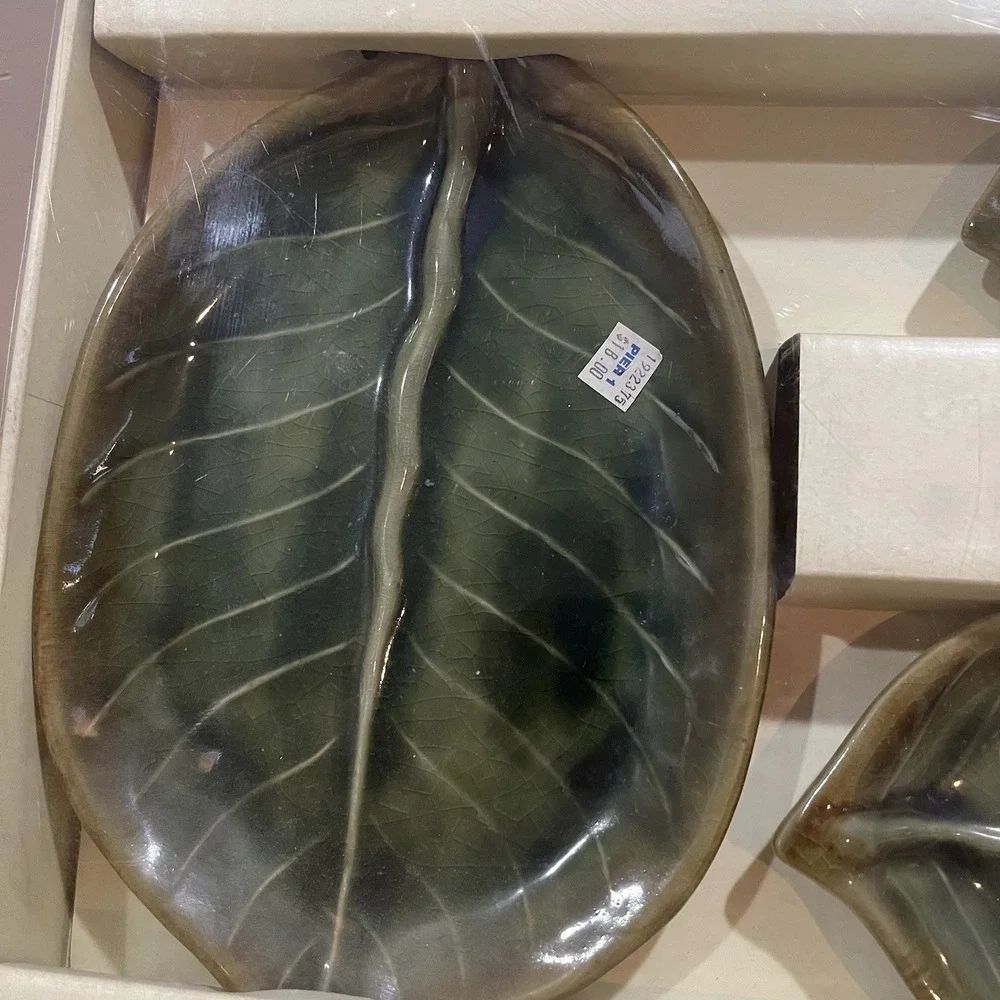 3 Pier 1 Green Harvest Leaf Shaped Stoneware Dining Serving Platters Plates Palm