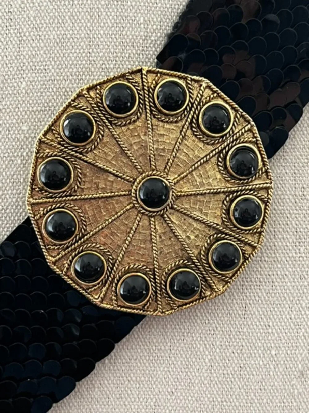Stretch Statement Belt Black Scale Wide Gold Tone Medallion Buckle