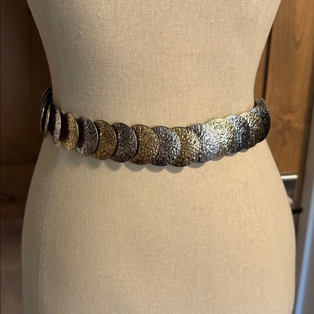 Vintage Gold Silver Tone Circle Belt Womens S/M 70’s stretchy Metallic Disco