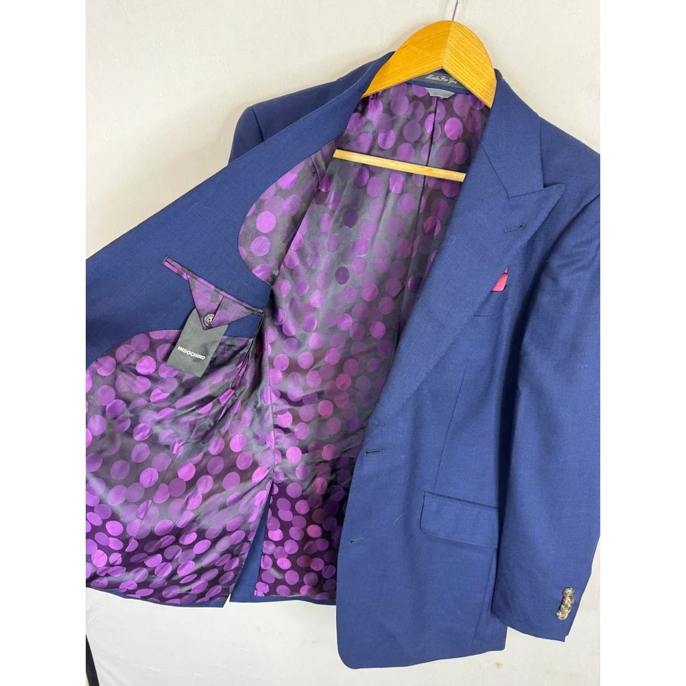 Indochino Mens 38S Short  100% Wool Blue Peak Lapel Blazer Purple Jacket