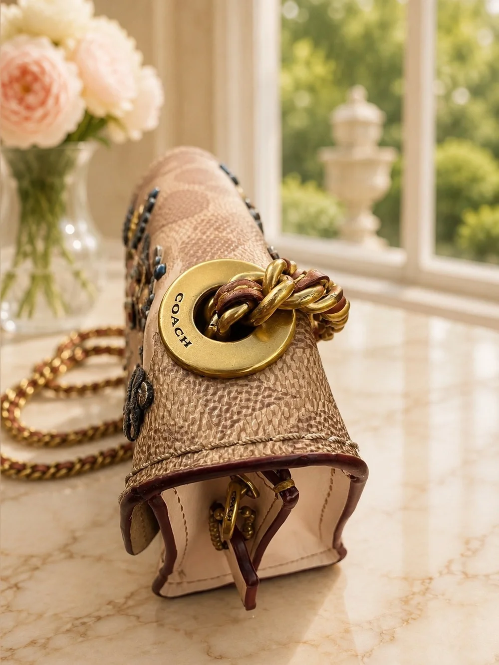 COACH Parker 18 Embellished Signature Rose Print | Tea Rose Turnlock