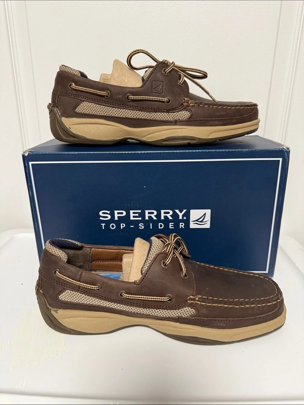 New Mens Sperry Lanyard 2 Eye Brown and Tan Leather Boat Shoes size 9