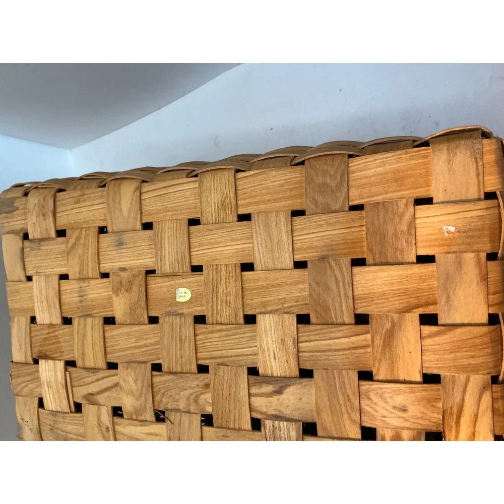 Vintage Picnic Basket Woven Wood Gingham Lining Turn Lock Large Tan
