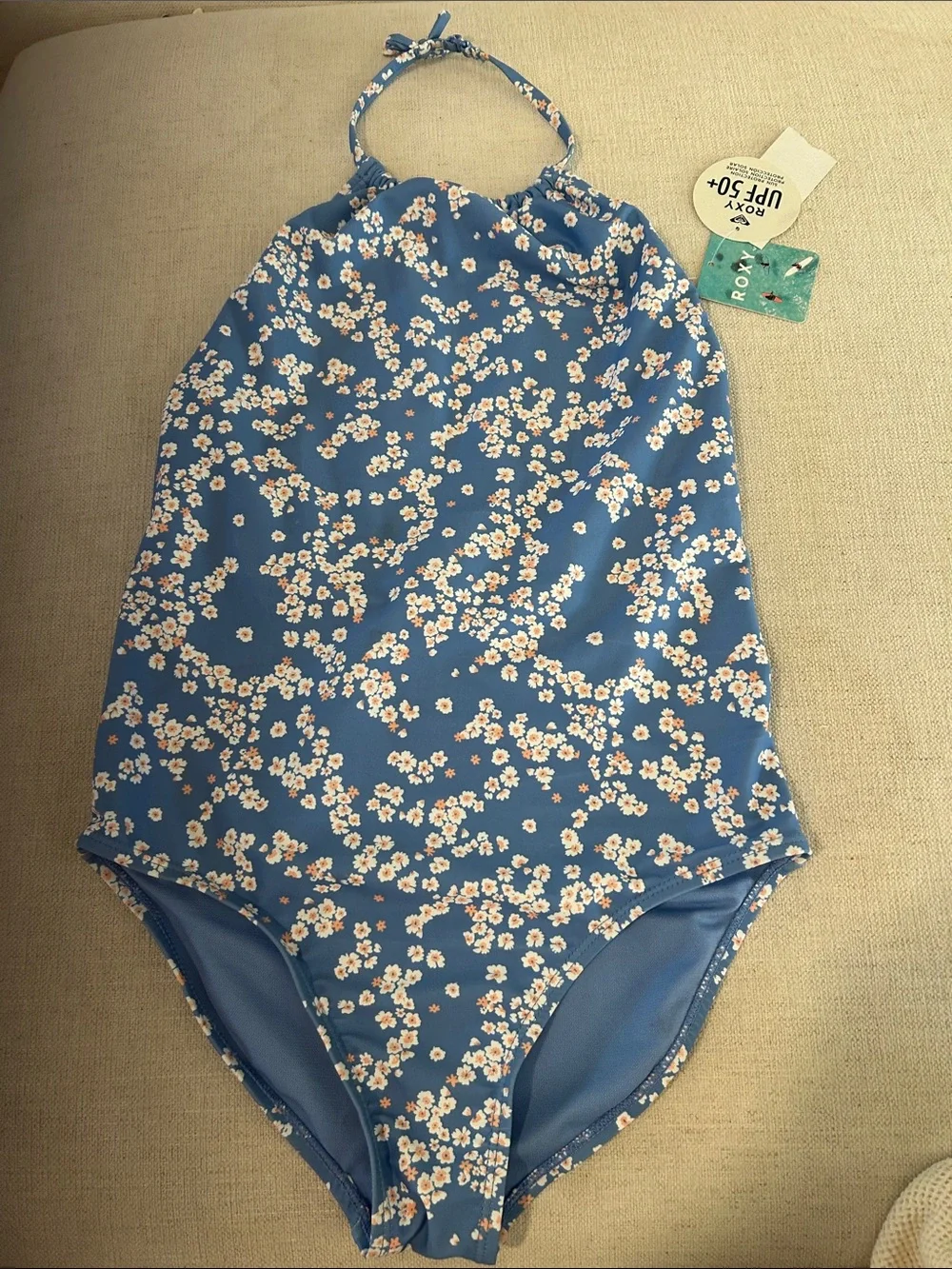 Roxy Big Girls Floral Print Halter One-Piece Swimsuit, Blue Flowers Size 16, NWT