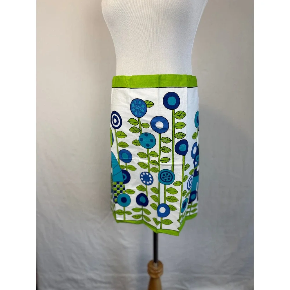 Vintage MCM Folk Art Apron Blue White Green Graphic‎ Print Reto Scandinavian