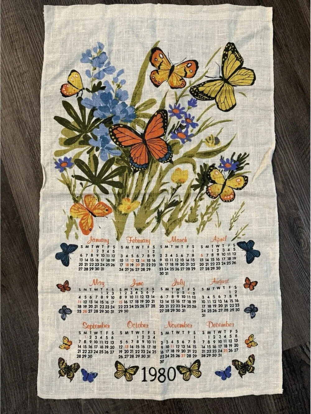 Vintage 1980 Linen Kitchen Calendar Tea Towel or Wall Hanging Butterflies