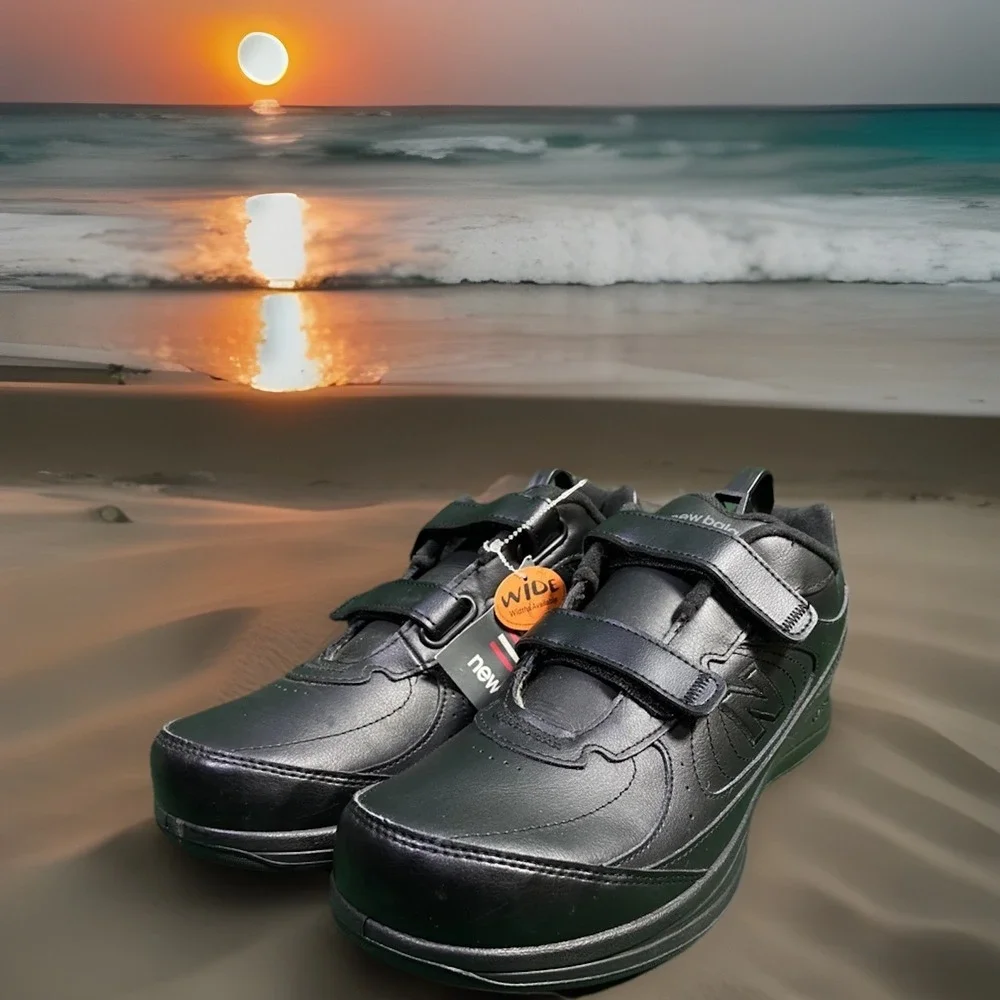 NEW BALANCE 577 HOOK & LOOP BLACK LEATHER MENS WALKING SHOES SZ 10.5 D